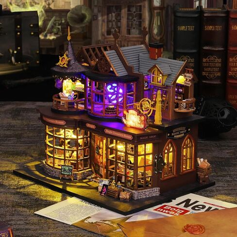Miniature House Kit DIY Mini House Building Kit with LED Light, DIY Mini Dollhouse with Furniture Tiny Room Kit, 3D Wooden Puzzle Hobby Wooden Craft Diorama Gift for Adults (Holo Magic City) in Saudi Arabia