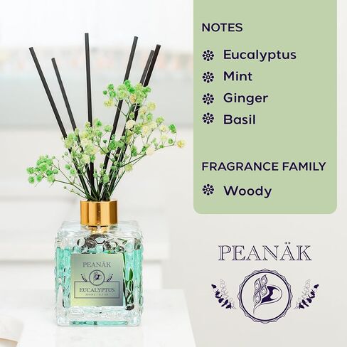 مجموعة موزع روائح القصب من PEANÄK - زيت معطر بالورود 6.7 أونصة (200 مل) - زهور محفوظة حقيقية وزجاجة زجاجية مصممة - ديكور رف الحمام للمنزل والمكتب، رائحة تدوم طويلاً مع 6 أعواد من القصب in Kuwait