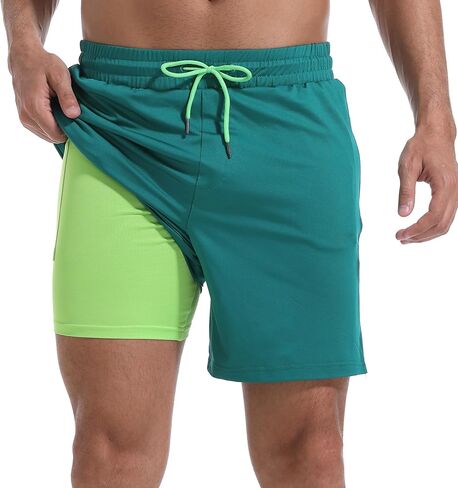 Mens Swim Trunks with Compression Liner 7" Board Shorts with Zipper Pockets 2 in 1 Quick Dry Bathing Suits in Kuwait