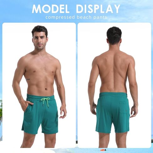 Mens Swim Trunks with Compression Liner 7" Board Shorts with Zipper Pockets 2 in 1 Quick Dry Bathing Suits in Kuwait