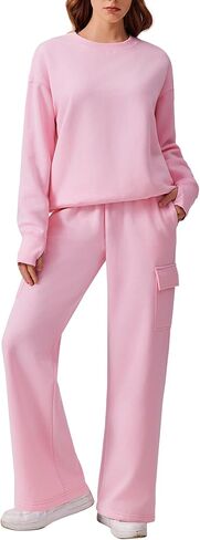 PINSPARK 2 Piece Sets for Women 2024 Fleece Sweatsuits Oversized Sweatshirts Wide Leg Cargo Sweatpants with Pockets Thumbhole in Kuwait