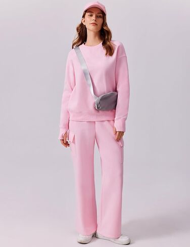 PINSPARK 2 Piece Sets for Women 2024 Fleece Sweatsuits Oversized Sweatshirts Wide Leg Cargo Sweatpants with Pockets Thumbhole in Kuwait