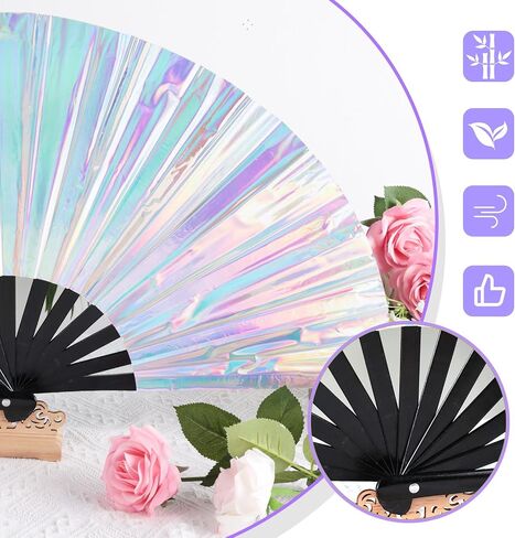 JOHOUSE Purple Rave Folding Fan, Holographic Rave Fan Large Foldable Fan for Women Drag Queen EDM Music Festival in Saudi Arabia