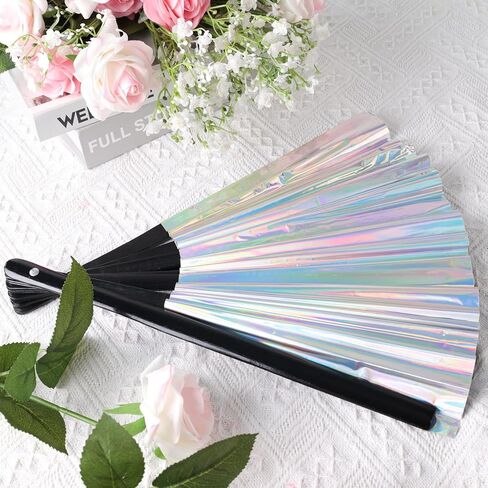JOHOUSE Purple Rave Folding Fan, Holographic Rave Fan Large Foldable Fan for Women Drag Queen EDM Music Festival in Saudi Arabia