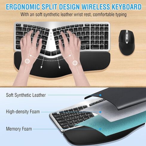 مجموعة ماوس لوحة مفاتيح لاسلكية مريحة، EDJO Bluetooth/2.4G قناة مزدوجة، تصميم منفصل، مسند راحة اليد من الإسفنج الناعم، ماوس لاسلكي قابل للتعديل بـ 4 مستويات DPI، قابل لإعادة الشحن، لنظام التشغيل Windows/Mac/Android (وردي) in Kuwait