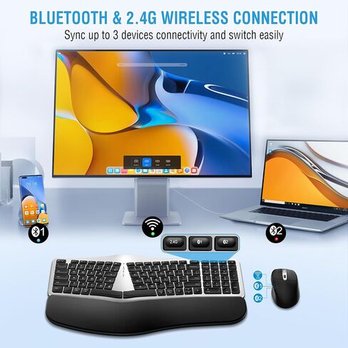 مجموعة ماوس لوحة مفاتيح لاسلكية مريحة، EDJO Bluetooth/2.4G قناة مزدوجة، تصميم منفصل، مسند راحة اليد من الإسفنج الناعم، ماوس لاسلكي قابل للتعديل بـ 4 مستويات DPI، قابل لإعادة الشحن، لنظام التشغيل Windows/Mac/Android (وردي) in Kuwait