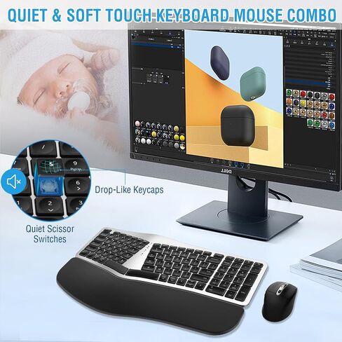 مجموعة ماوس لوحة مفاتيح لاسلكية مريحة، EDJO Bluetooth/2.4G قناة مزدوجة، تصميم منفصل، مسند راحة اليد من الإسفنج الناعم، ماوس لاسلكي قابل للتعديل بـ 4 مستويات DPI، قابل لإعادة الشحن، لنظام التشغيل Windows/Mac/Android (وردي) in Kuwait