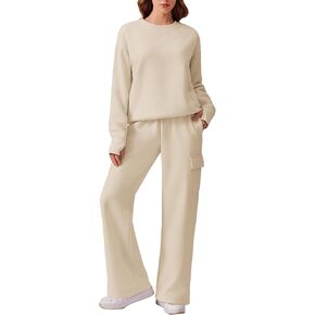 PINSPARK 2 Piece Sets for Women 2024 Fleece Sweatsuits Oversized Sweatshirts Wide Leg Cargo Sweatpants with Pockets Thumbhole