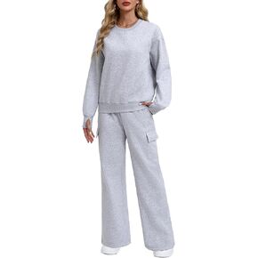 PINSPARK 2 Piece Sets for Women 2024 Fleece Sweatsuits Oversized Sweatshirts Wide Leg Cargo Sweatpants with Pockets Thumbhole in Kuwait
