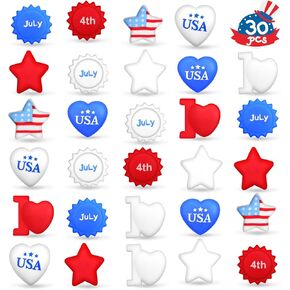 NPET 28Pcs 4th of July Squishy Rubber Ducks, Patriotic Squishy Mochi Toys Bulk Independence Day Decoration Red White Blue Party Favor, 4th of July USA Flag/Star/Heart Shape Bath Toys for Boys Girls