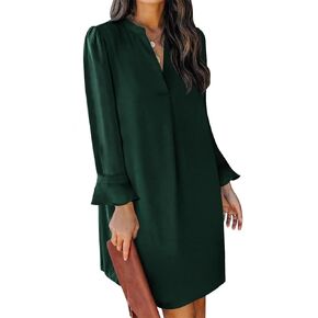 QACOHU Dresses for Women 2024 V Neck Spring Summer Ruffle Long Sleeve Simple Casual Loose Flowy Autumn winter Shift Dress