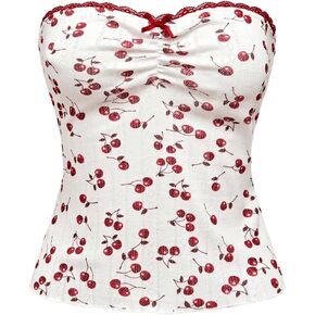 SHENHE Women's Floral Strapless Lace Trim Ruched Ribbed Knit Summer Cute Crop Tube Top