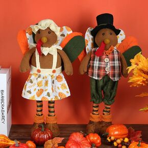 Ogrmar 20 Inch 2 Pack Thanksgiving Turkey Couple Doll Tabletop Turkey Decoration Exquisite Handmade Turkey Doll Kit with Retractable Spring Legs for Autumn Fall Thanksgiving Home Decor