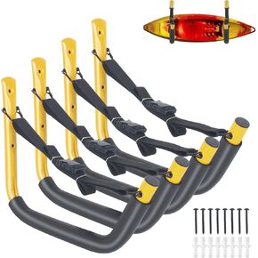 4 Pack Kayak Storage Rack, 15 Inch Kayak Rack for Garage, Kayak Hooks for Garage Wall with Nylon Straps, Kayak Wall Mount Hangers for Kayaks,Surfboards,Canoes,Snowboards,Tools (Multiple Colors)