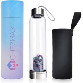 ChezMax Crystal Glass Water Bottle Natural Crystal Energy Bottle with Changeable Natural Crystal Stons for Healing and Wellness Gem Elixir Infused Glass Water Bottle