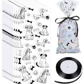 100 Pieces Dog Paw Bone Print Treat Bags Puppy Dogs Cellophane Bags Candy Gift Bags with 2 Rolls Ribbon Ties for Pet Treat Party Favor (Dog Pattern Style)