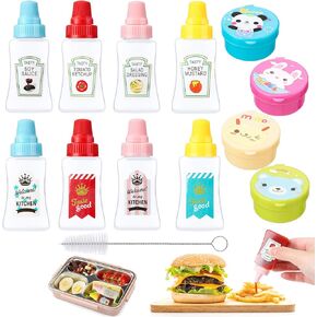 12 Pcs Lunch Bento Box Accessories, Including 8 Mini Condiment Squeeze Bottles and 4 Mini Cute Animal Salad Dressing Condiment Box for Ketchup Liquids Sauces Portable Camping Mini Jars