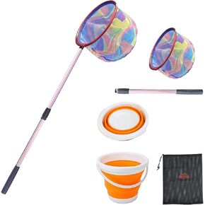 Fishing Net 2 Piece Retractable Fishing Net and Folding Fish Bucket for Boys and Girls to Catch Small Fish, Shrimp, Crabs in Lakes, Rivers Creeks and Beaches,