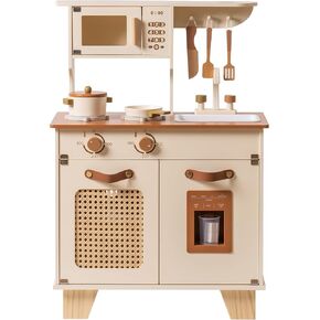 ROBUD Kids Kitchen Playset, Mocha Montessori Wooden Play Kitchen with Ice Dispenser, Pretend Toddlers Kitchen Toy with Accessories, Baby Gift for Ages 3 4 5 6 7 8