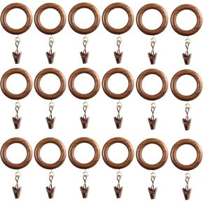24 Pack Wooden Drapery Curtain Rod Rings with Clips for 1 inch to 1.5 inch Rod Pole, 1.75 inch Inner Diameter, Natural Rosewood (24, 1.75 INCH Inner Dia)
