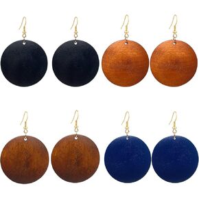 KaFu 4 Pairs Bohemian Natural Wooden Teardrop Dangle Earrings Retro Ethnic Geometric Big Round Circle Wood Earrings for Women Girls Handmade Bohemian Statement Jewelry