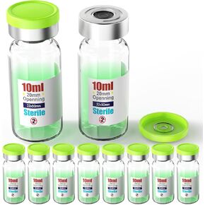 Sterile Empty Vial Sealed with 20mm Self Healing Injection Port and Burr Free Tear Off Plastic Aluminum Cap,Borocilicate Glass Sample Vial with Pull Ring Cover (Clear, 10mL)