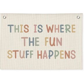 Playroom Wall Decor, Boho Classroom Decorations, Kids Room Decor Canvas Banner Wall Hanging Banner Flag, This is Where All The Fun Stuff Happens Banner