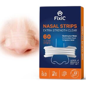 Fixic Nasal Strips for Snoring - 60 PCS, Clear - Drug-Free Nose Strips - Skin-Safe Snore Stopper - Premium Snoring Solution - Nasal Sleep Tape - Anti Snoring Devices to Experience Clear Breathing!
