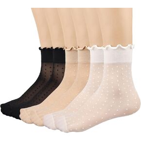 Mcool Mary 12 Pairs Women's Sheer Ruffle Socks White Stocking Summer Ultra Thin Cool See Through Silk Ankle Socks for Women