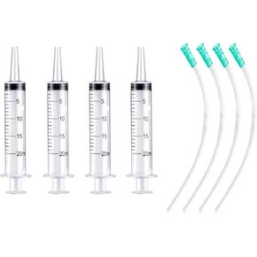 Large Plastic Syringe with Tube, 20ml Syringe with 13inch Tubing for Scientific Labs, Measuring, Watering, Refilling, Filtration, Feeding Pets, Oil or Glue Applicator, 4pcs