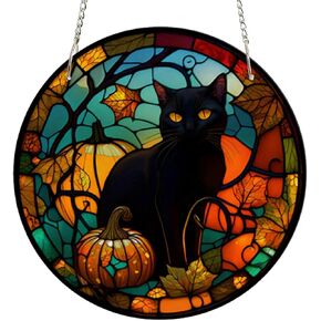Halloween Acrylic Window Hanging - Black Cat Window Hanging, 8 Inch Cat Wall Decor for Cat Lovers, Black Cat Pumpkin Halloween Fall Christmas Decor for Home, Cafe