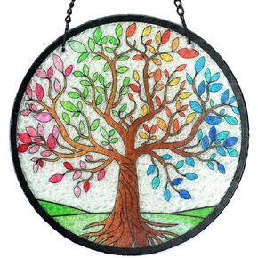 H&D HYALINE & DORA Tree of Life Stained Glass Window Hanging Colorful Stained Glass Suncatchers Stained Glass Panel Sun Catchers Wall Hanging Decor Gifts for Mom,Grandma