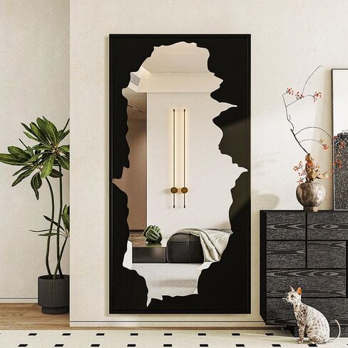 Full-Length Mirror Free Standing Leaning Mirror with Artistic Black Abstract Overlay Deco, 55"x28" Shatterproof Wall-Mounted Mirror, Perfect for Living Room, Bedroom, Cloakroom, and Bathroom Decor in Kuwait