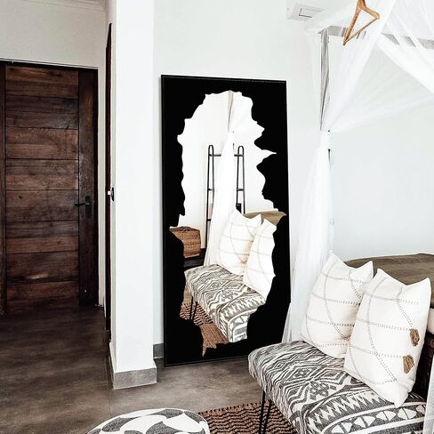 Full-Length Mirror Free Standing Leaning Mirror with Artistic Black Abstract Overlay Deco, 55"x28" Shatterproof Wall-Mounted Mirror, Perfect for Living Room, Bedroom, Cloakroom, and Bathroom Decor in Kuwait
