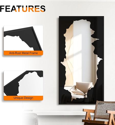 Full-Length Mirror Free Standing Leaning Mirror with Artistic Black Abstract Overlay Deco, 55"x28" Shatterproof Wall-Mounted Mirror, Perfect for Living Room, Bedroom, Cloakroom, and Bathroom Decor in Kuwait