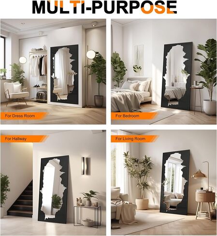 Full-Length Mirror Free Standing Leaning Mirror with Artistic Black Abstract Overlay Deco, 55"x28" Shatterproof Wall-Mounted Mirror, Perfect for Living Room, Bedroom, Cloakroom, and Bathroom Decor in Kuwait