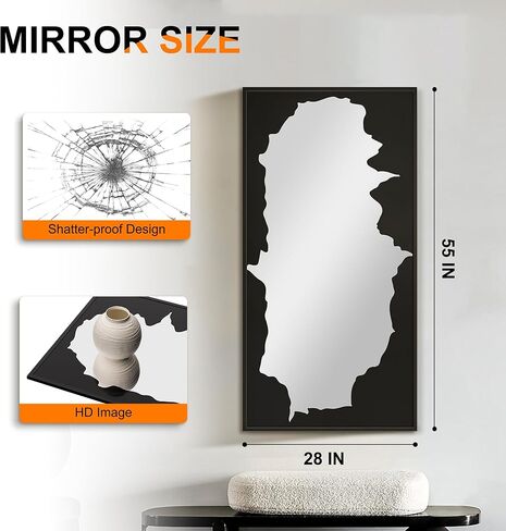 Full-Length Mirror Free Standing Leaning Mirror with Artistic Black Abstract Overlay Deco, 55"x28" Shatterproof Wall-Mounted Mirror, Perfect for Living Room, Bedroom, Cloakroom, and Bathroom Decor in Kuwait