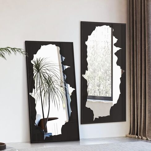 Full-Length Mirror Free Standing Leaning Mirror with Artistic Black Abstract Overlay Deco, 55"x28" Shatterproof Wall-Mounted Mirror, Perfect for Living Room, Bedroom, Cloakroom, and Bathroom Decor in Kuwait