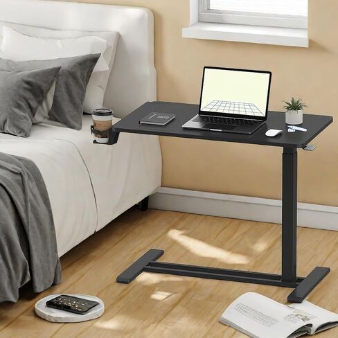 Overbed Table,Movable Standing Desk with Swivel Hidden Wheels & 32" L x 18" Tabletop,Laptop Desk with Cup Holder Adjustable Height Rolling Computer Cart for Home and Hospital Use,Black in Saudi Arabia