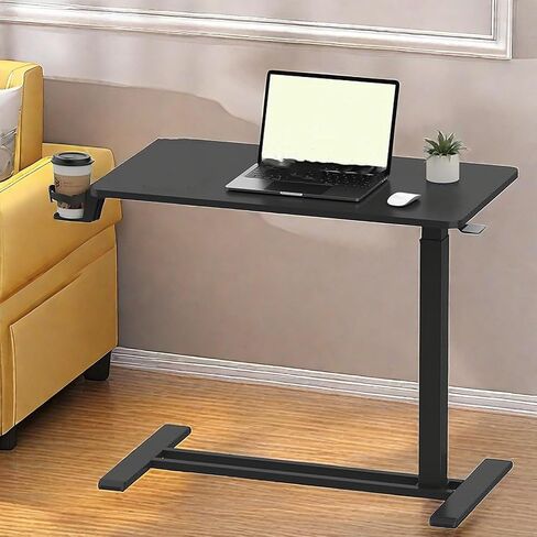 Overbed Table,Movable Standing Desk with Swivel Hidden Wheels & 32" L x 18" Tabletop,Laptop Desk with Cup Holder Adjustable Height Rolling Computer Cart for Home and Hospital Use,Black in Saudi Arabia