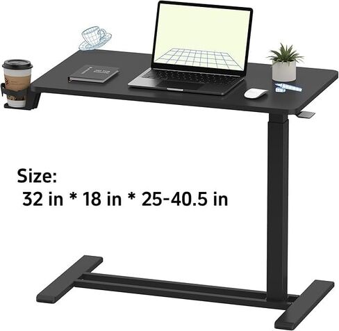 Overbed Table,Movable Standing Desk with Swivel Hidden Wheels & 32" L x 18" Tabletop,Laptop Desk with Cup Holder Adjustable Height Rolling Computer Cart for Home and Hospital Use,Black in Saudi Arabia