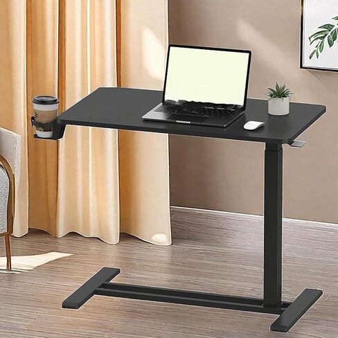 Overbed Table,Movable Standing Desk with Swivel Hidden Wheels & 32" L x 18" Tabletop,Laptop Desk with Cup Holder Adjustable Height Rolling Computer Cart for Home and Hospital Use,Black in Saudi Arabia