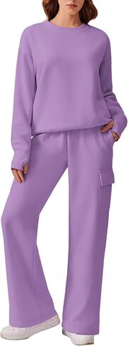 PINSPARK 2 Piece Sets for Women 2024 Fleece Sweatsuits Oversized Sweatshirts Wide Leg Cargo Sweatpants with Pockets Thumbhole in Kuwait
