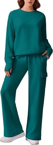 PINSPARK 2 Piece Sets for Women 2024 Fleece Sweatsuits Oversized Sweatshirts Wide Leg Cargo Sweatpants with Pockets Thumbhole in Kuwait