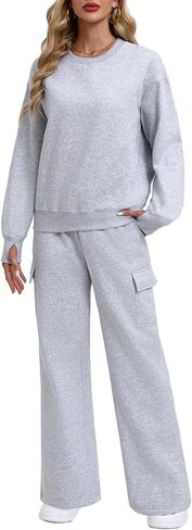PINSPARK 2 Piece Sets for Women 2024 Fleece Sweatsuits Oversized Sweatshirts Wide Leg Cargo Sweatpants with Pockets Thumbhole in Kuwait