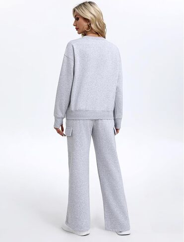 PINSPARK 2 Piece Sets for Women 2024 Fleece Sweatsuits Oversized Sweatshirts Wide Leg Cargo Sweatpants with Pockets Thumbhole in Kuwait