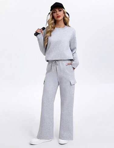 PINSPARK 2 Piece Sets for Women 2024 Fleece Sweatsuits Oversized Sweatshirts Wide Leg Cargo Sweatpants with Pockets Thumbhole in Kuwait