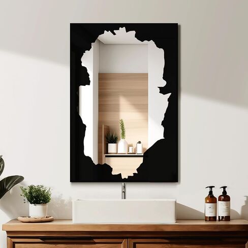 Full-Length Mirror Free Standing Leaning Mirror with Artistic Black Abstract Overlay Deco, 55"x28" Shatterproof Wall-Mounted Mirror, Perfect for Living Room, Bedroom, Cloakroom, and Bathroom Decor in Saudi Arabia