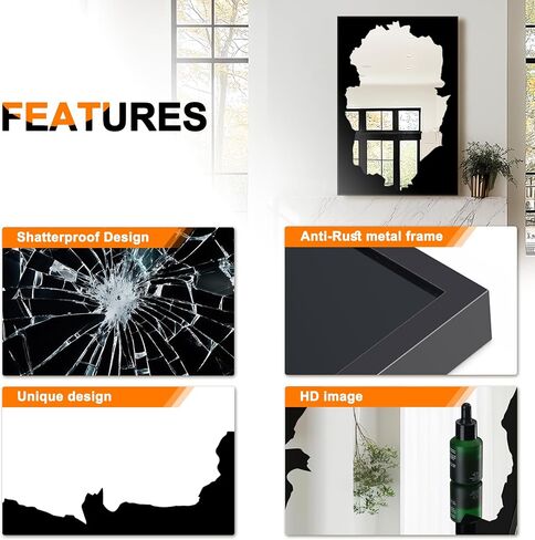 Full-Length Mirror Free Standing Leaning Mirror with Artistic Black Abstract Overlay Deco, 55"x28" Shatterproof Wall-Mounted Mirror, Perfect for Living Room, Bedroom, Cloakroom, and Bathroom Decor in Saudi Arabia