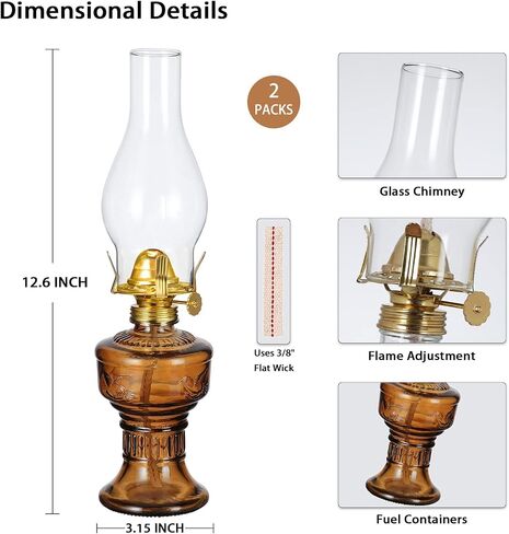 2 Pcs Rustic Oil Lamp Classic Kerosene Lamp Lantern Vintage Glass Clear Hurricane Lamp Oil Lantern Decorative Chamber Oil Lamps with Adjustable Fire Wick for Home Indoor Use, 12.6 Inch in Saudi Arabia